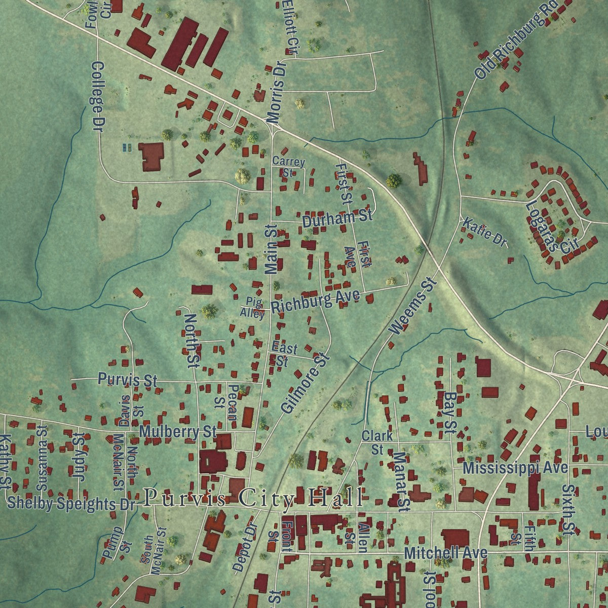 Close-up of the map of Purvis, Mississippi print showing street and building detail