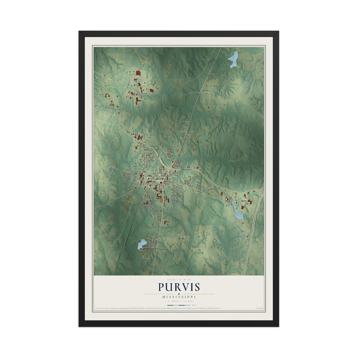 Map of Purvis, Mississippi, 12 x 18 inch print in a black wood frame
