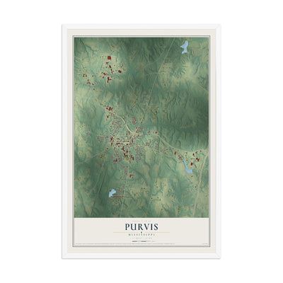 Map of Purvis, Mississippi, 12 x 18 inch print in a white wood frame