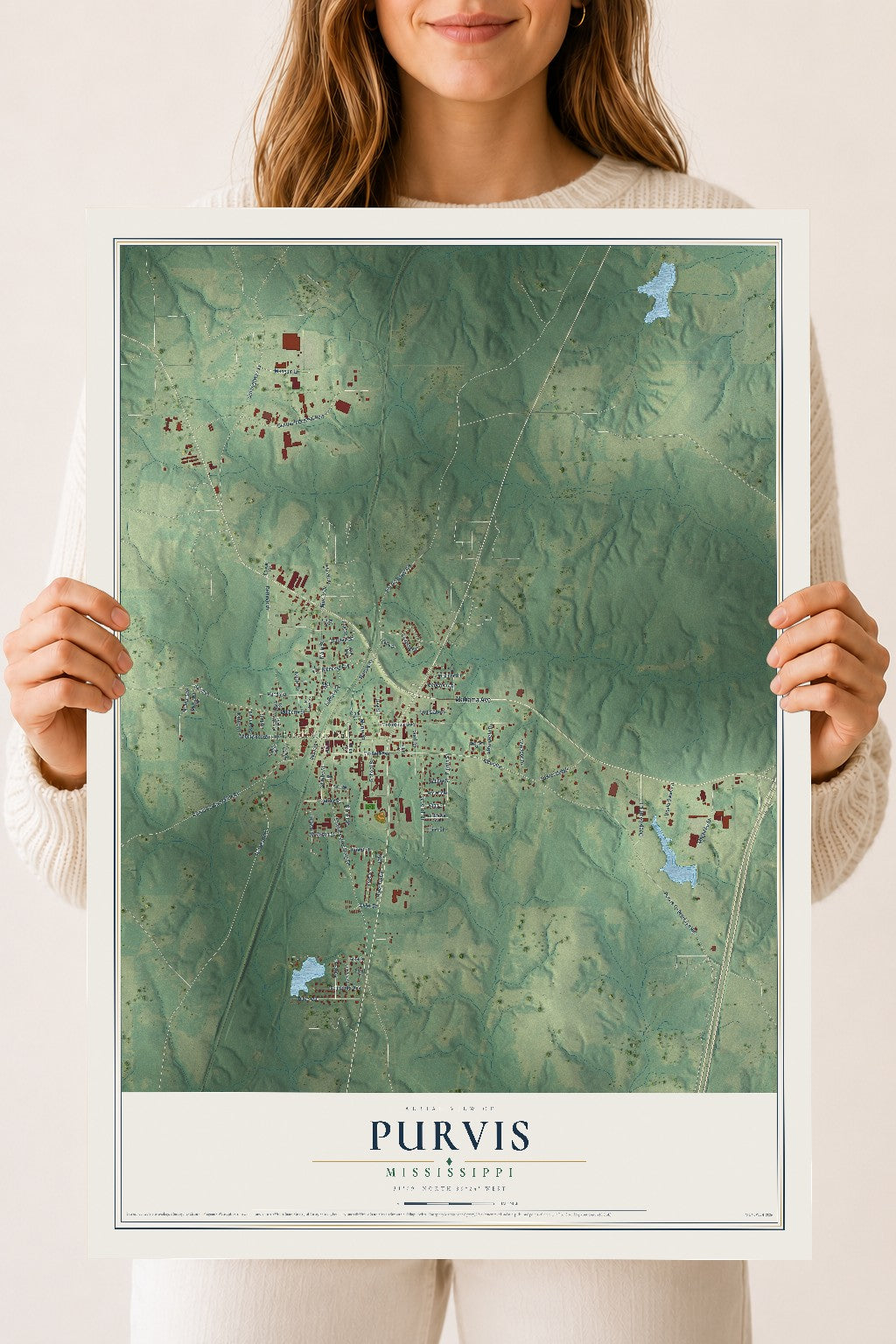 Map of Purvis, Mississippi, 18 x 24 inch unframed archival matte print