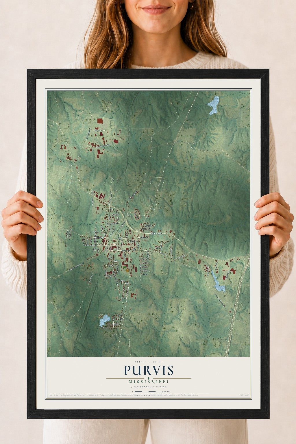 Map of Purvis, Mississippi, 18 x 24 inch print in a black wood frame