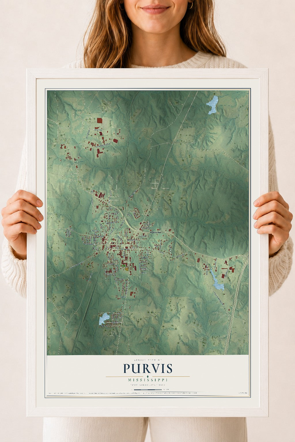 Map of Purvis, Mississippi, 18 x 24 inch print in a white wood frame