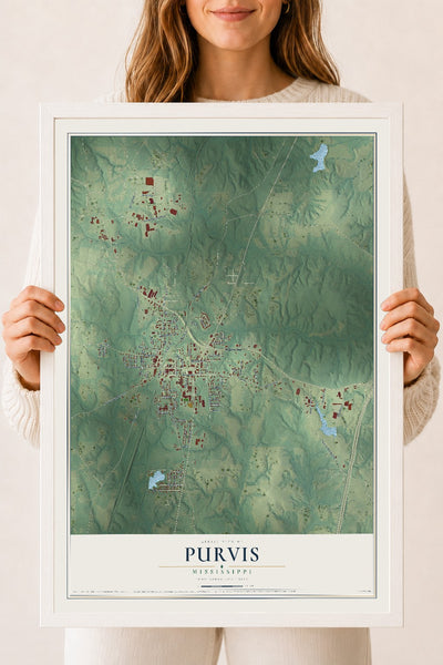 Map of Purvis, Mississippi, 18 x 24 inch print in a white wood frame