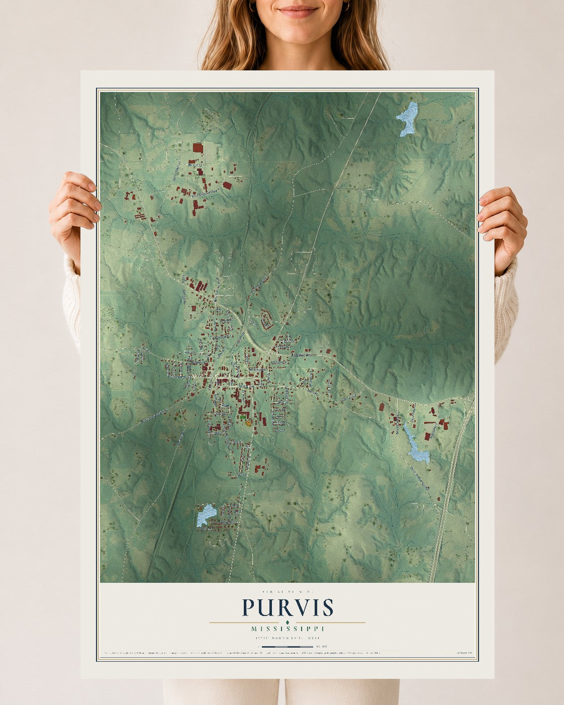 Map of Purvis, Mississippi, 24 x 36 inch unframed archival matte print