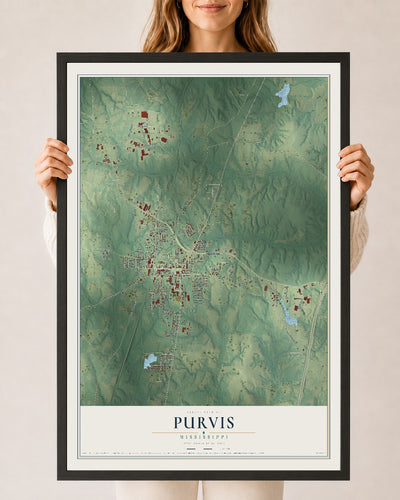 Map of Purvis, Mississippi, 24 x 36 inch print in a black wood frame