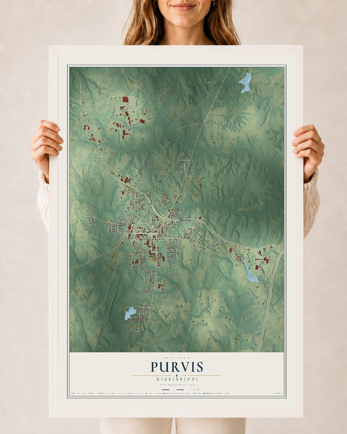 Map of Purvis, Mississippi, 24 x 36 inch print in a white wood frame