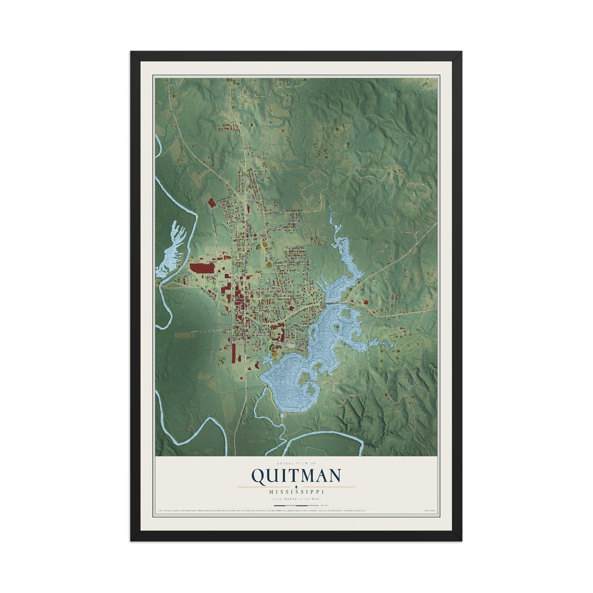 Map of Quitman, Mississippi, 12 x 18 inch print in a black wood frame