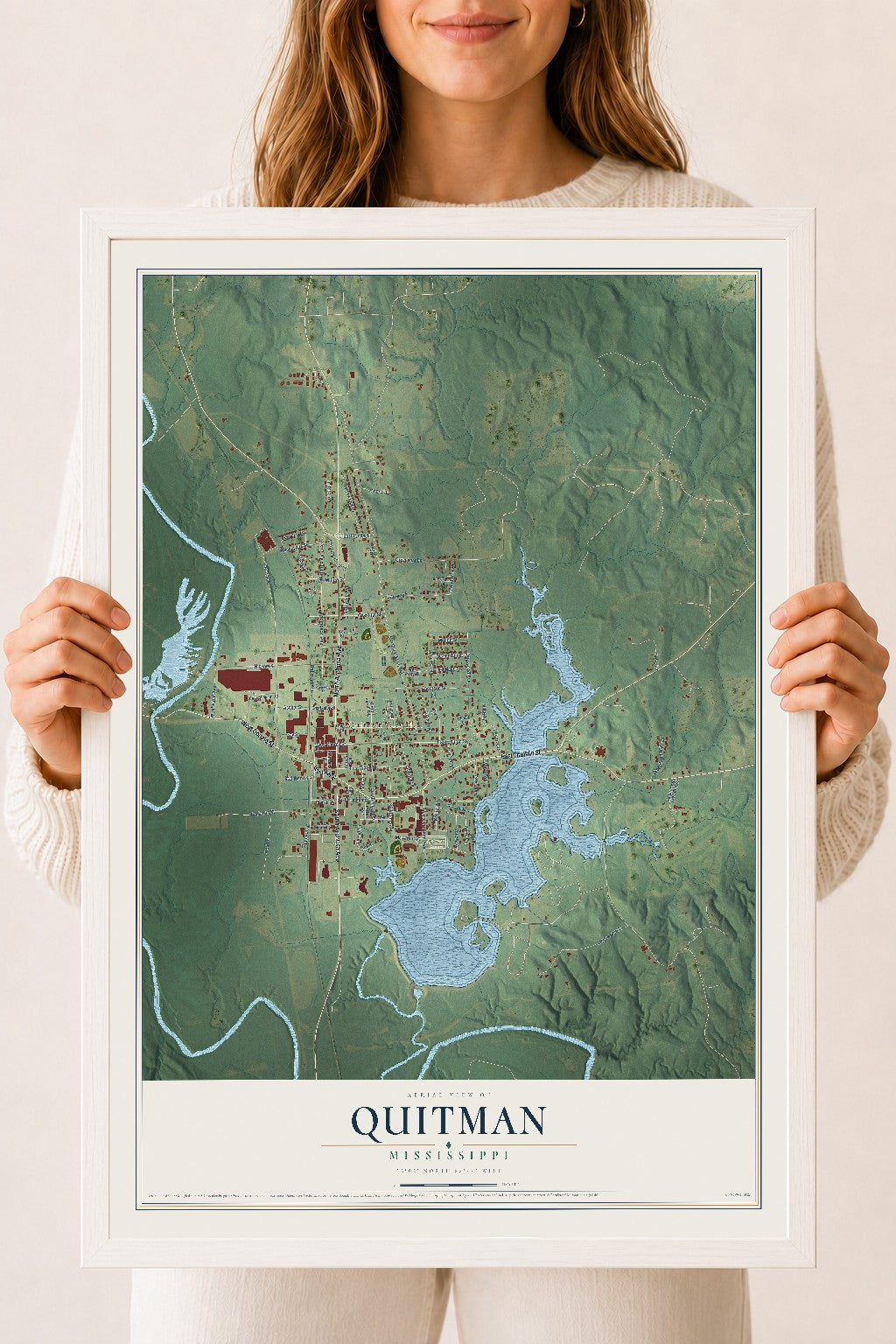 Map of Quitman, Mississippi, 18 x 24 inch print in a white wood frame