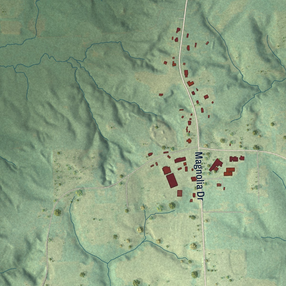 Second close-up of the map of Raleigh, Mississippi print showing more streets and buildings