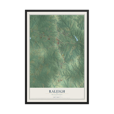 Map of Raleigh, Mississippi, 12 x 18 inch print in a black wood frame