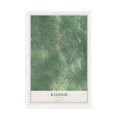 Map of Raleigh, Mississippi, 12 x 18 inch print in a white wood frame