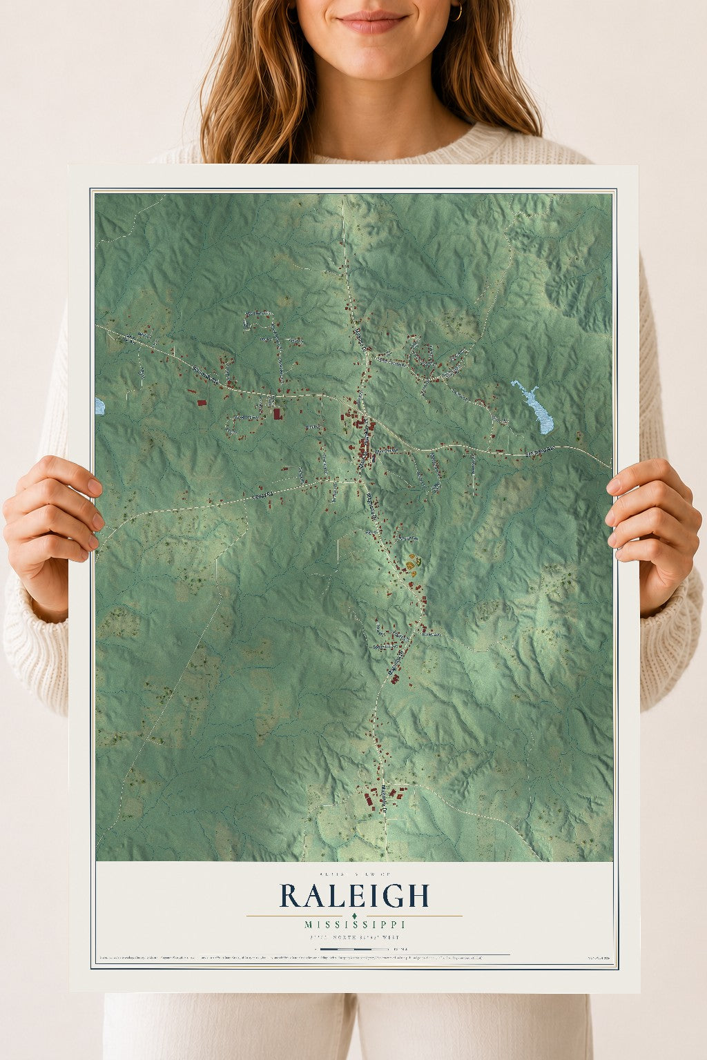 Map of Raleigh, Mississippi, 18 x 24 inch unframed archival matte print