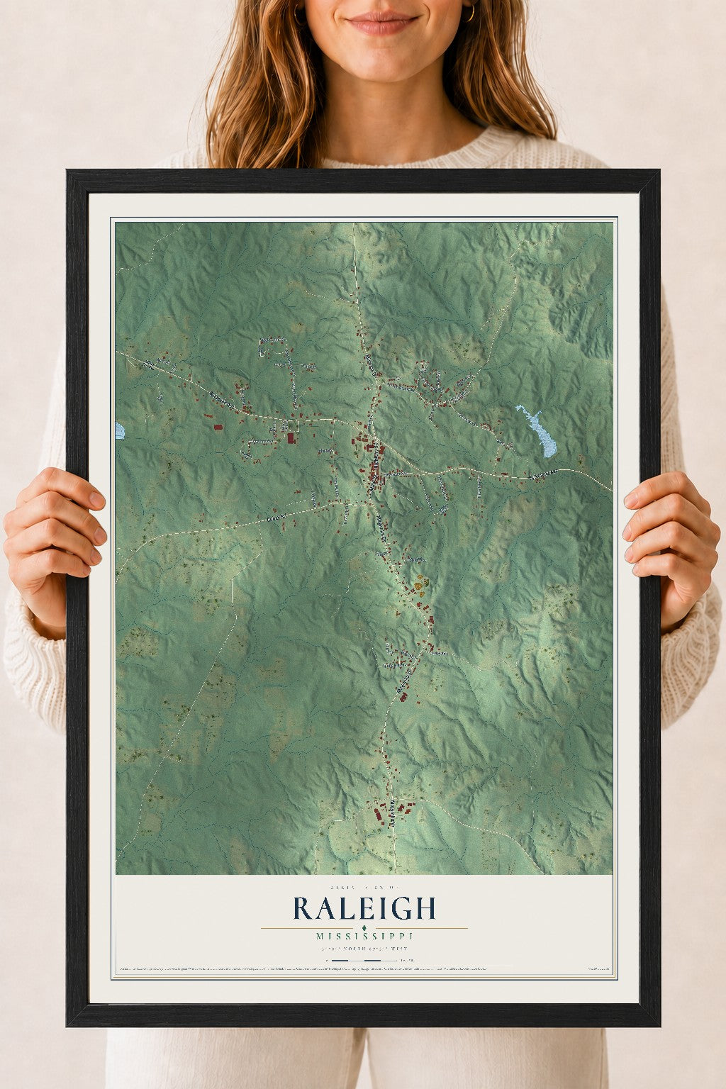 Map of Raleigh, Mississippi, 18 x 24 inch print in a black wood frame