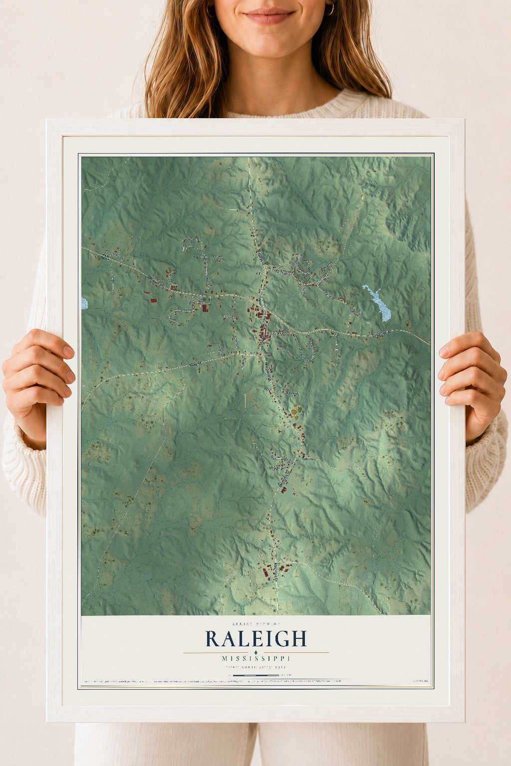 Map of Raleigh, Mississippi, 18 x 24 inch print in a white wood frame