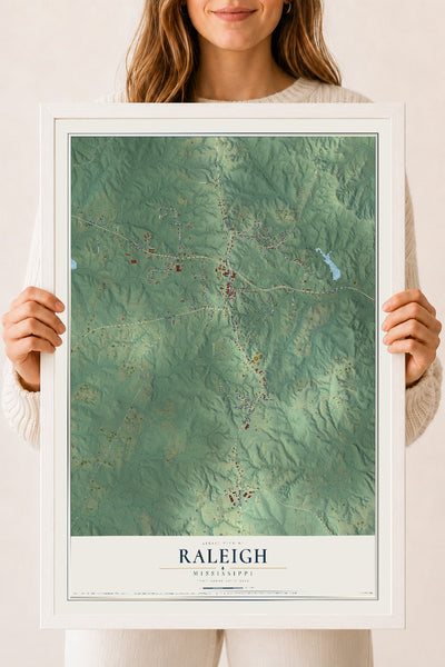 Map of Raleigh, Mississippi, 18 x 24 inch print in a white wood frame