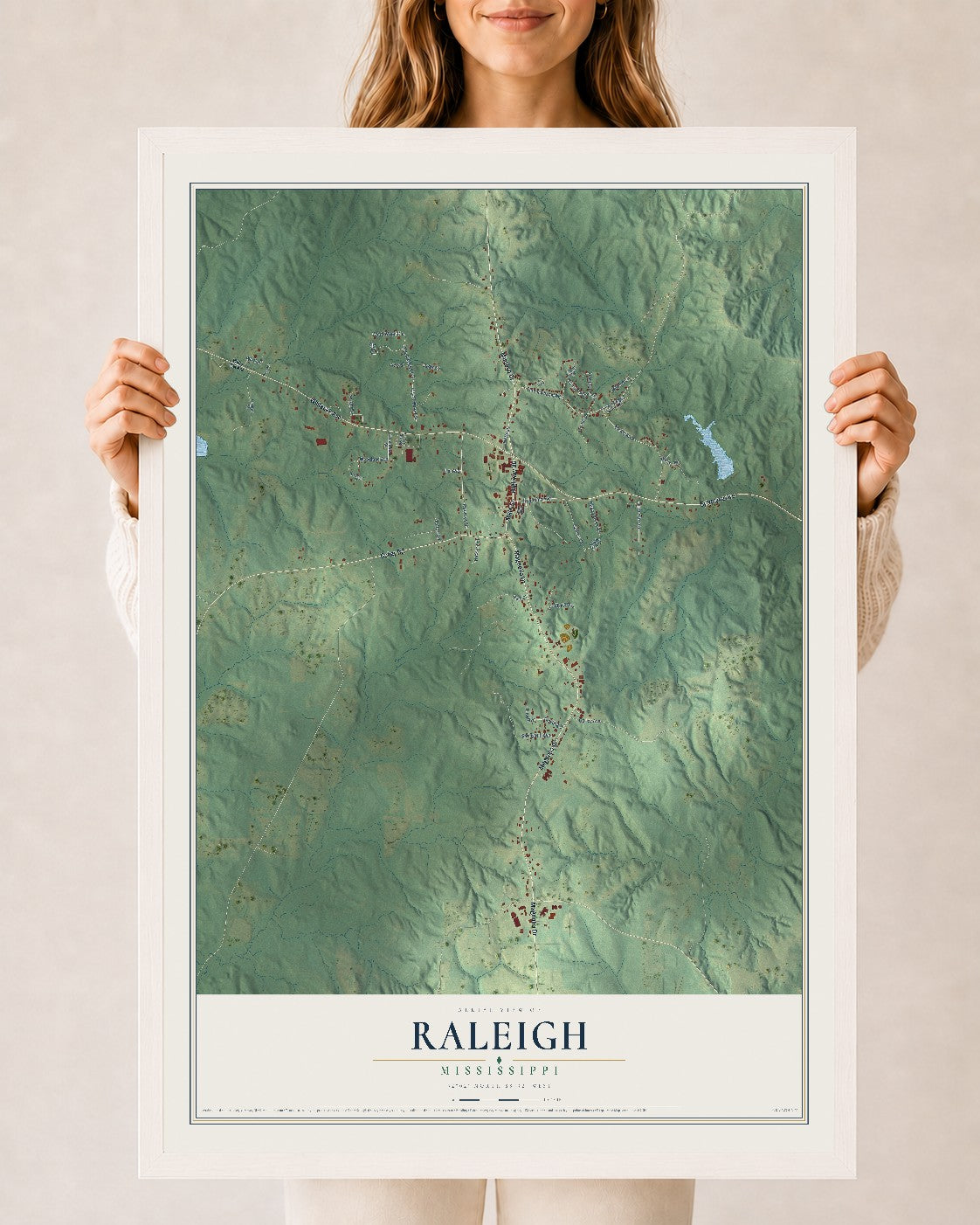 Map of Raleigh, Mississippi, 24 x 36 inch print in a white wood frame