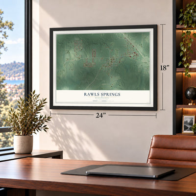 Rawls Springs, Mississippi map, 18 x 24 inch print in a black frame in a home office