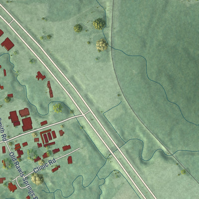 Close-up of the map of Rawls Springs, Mississippi print showing street and building detail