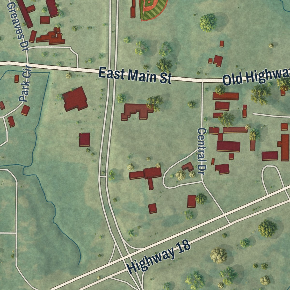 Second close-up of the map of Raymond, Mississippi print showing more streets and buildings