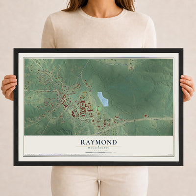 Map of Raymond, Mississippi, 12 x 18 inch print in a black wood frame