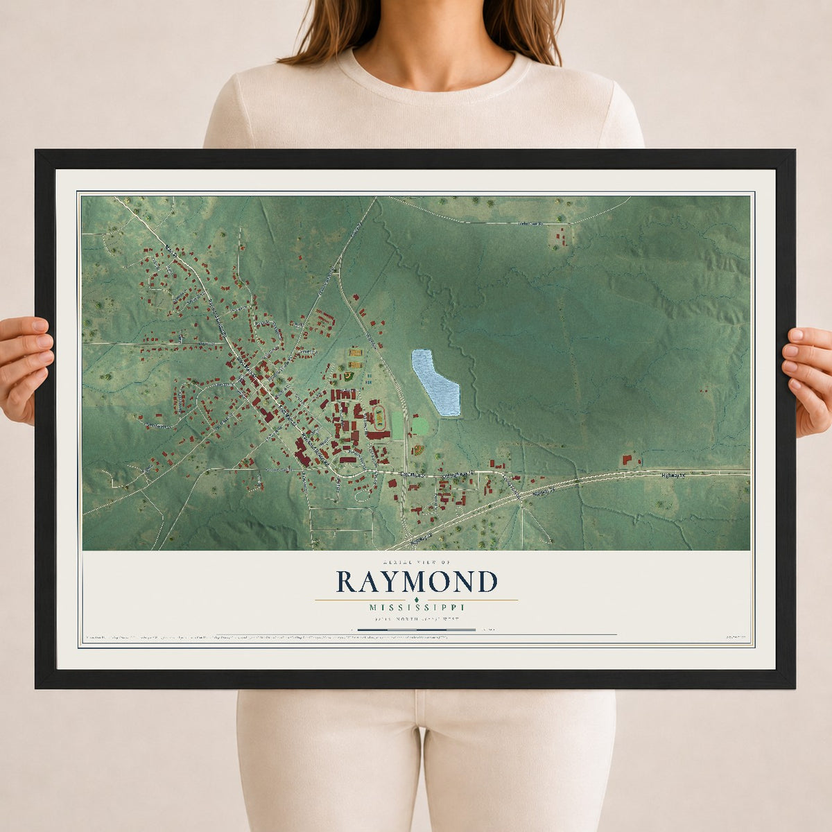 Map of Raymond, Mississippi, 18 x 24 inch print in a black wood frame