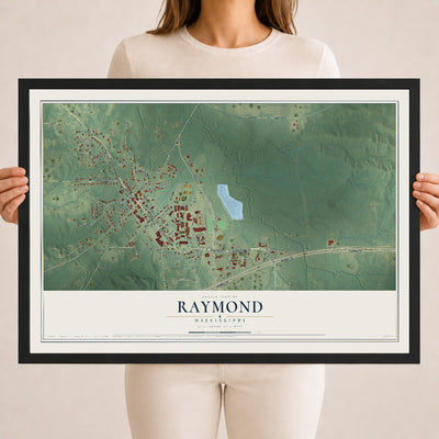 Map of Raymond, Mississippi, 18 x 24 inch print in a black wood frame