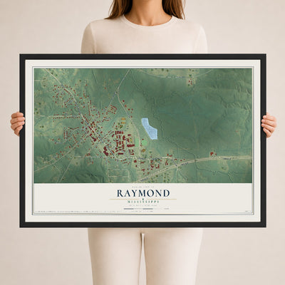 Map of Raymond, Mississippi, 24 x 36 inch print in a black wood frame