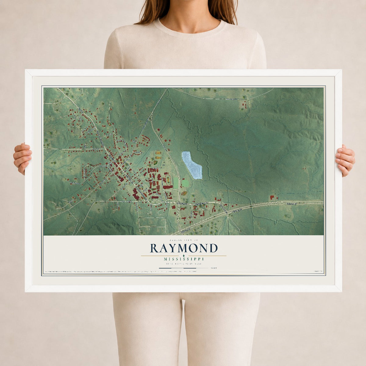 Map of Raymond, Mississippi, 24 x 36 inch print in a white wood frame