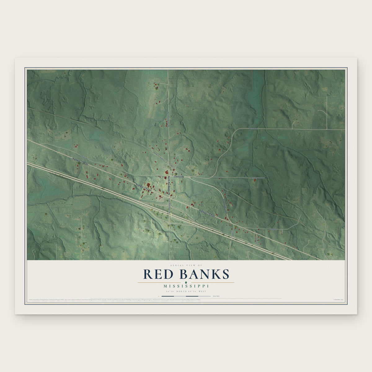Red Banks, Mississippi map print, the full design
