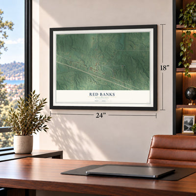 Red Banks, Mississippi map, 18 x 24 inch print in a black frame in a home office