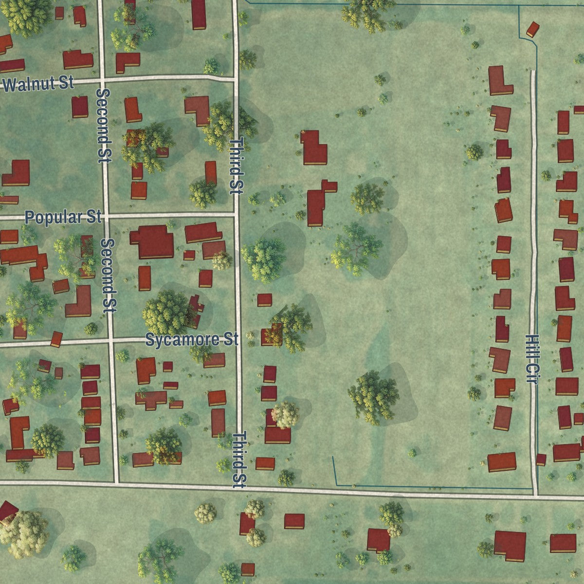 Close-up of the map of Renova, Mississippi print showing street and building detail