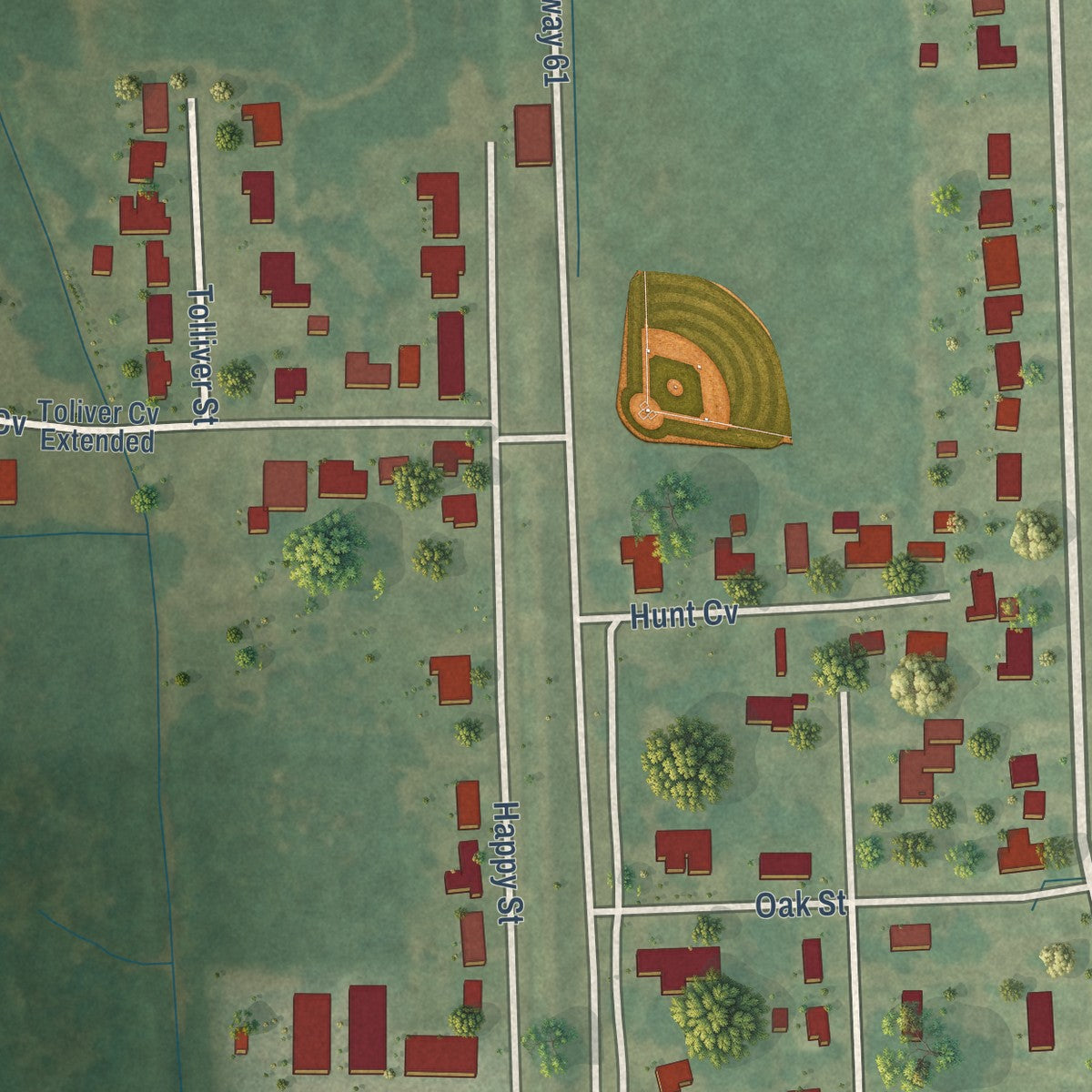 Second close-up of the map of Renova, Mississippi print showing more streets and buildings
