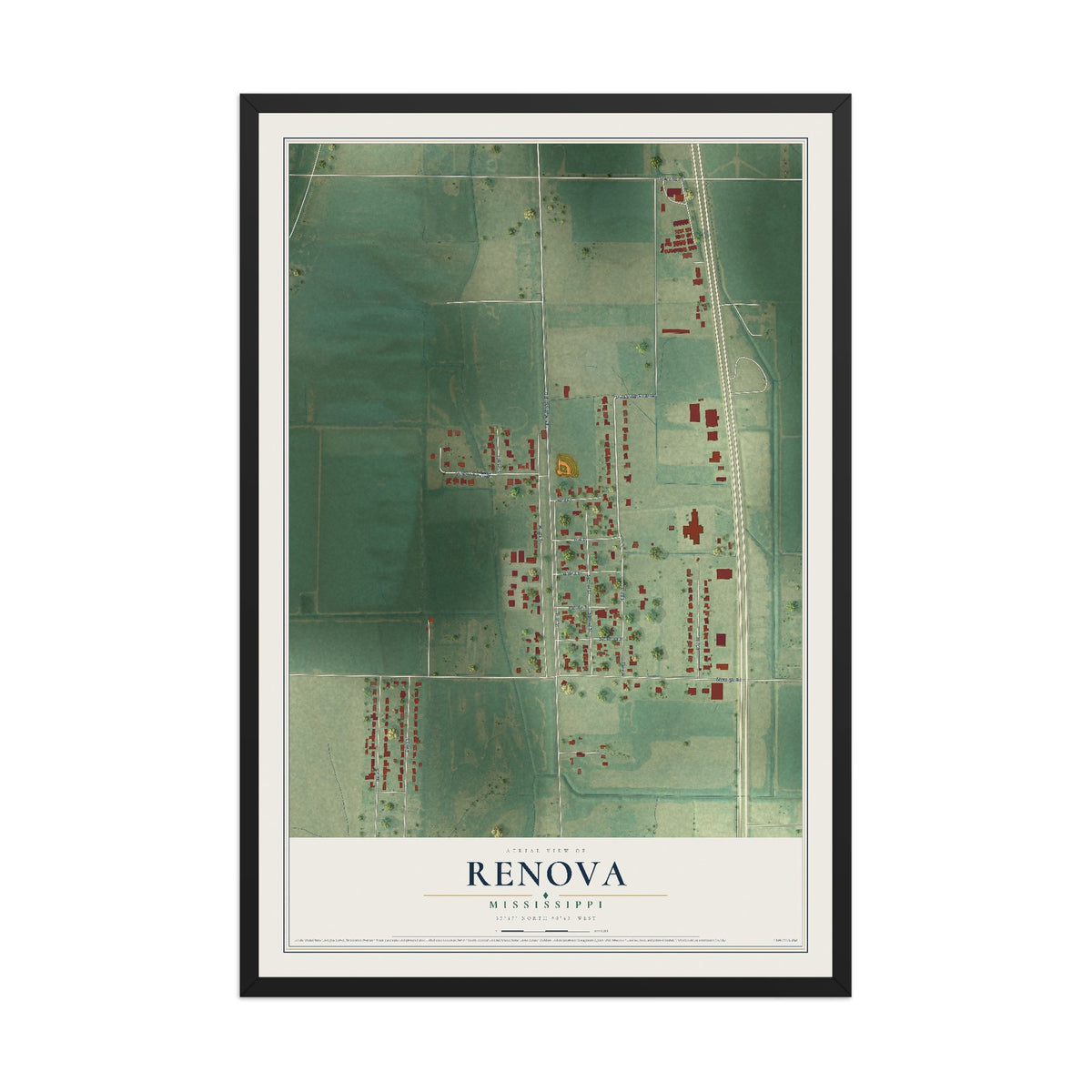Map of Renova, Mississippi, 12 x 18 inch print in a black wood frame