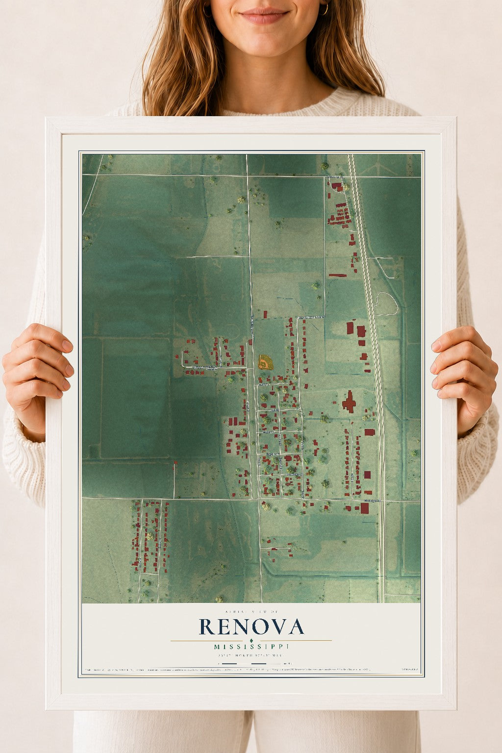 Map of Renova, Mississippi, 18 x 24 inch print in a white wood frame