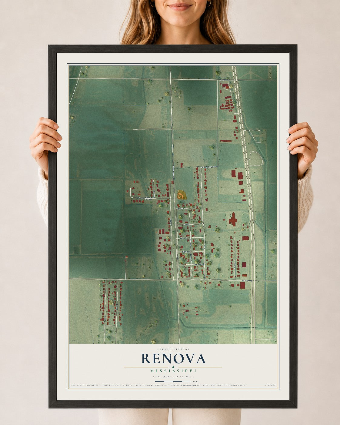 Map of Renova, Mississippi, 24 x 36 inch print in a black wood frame