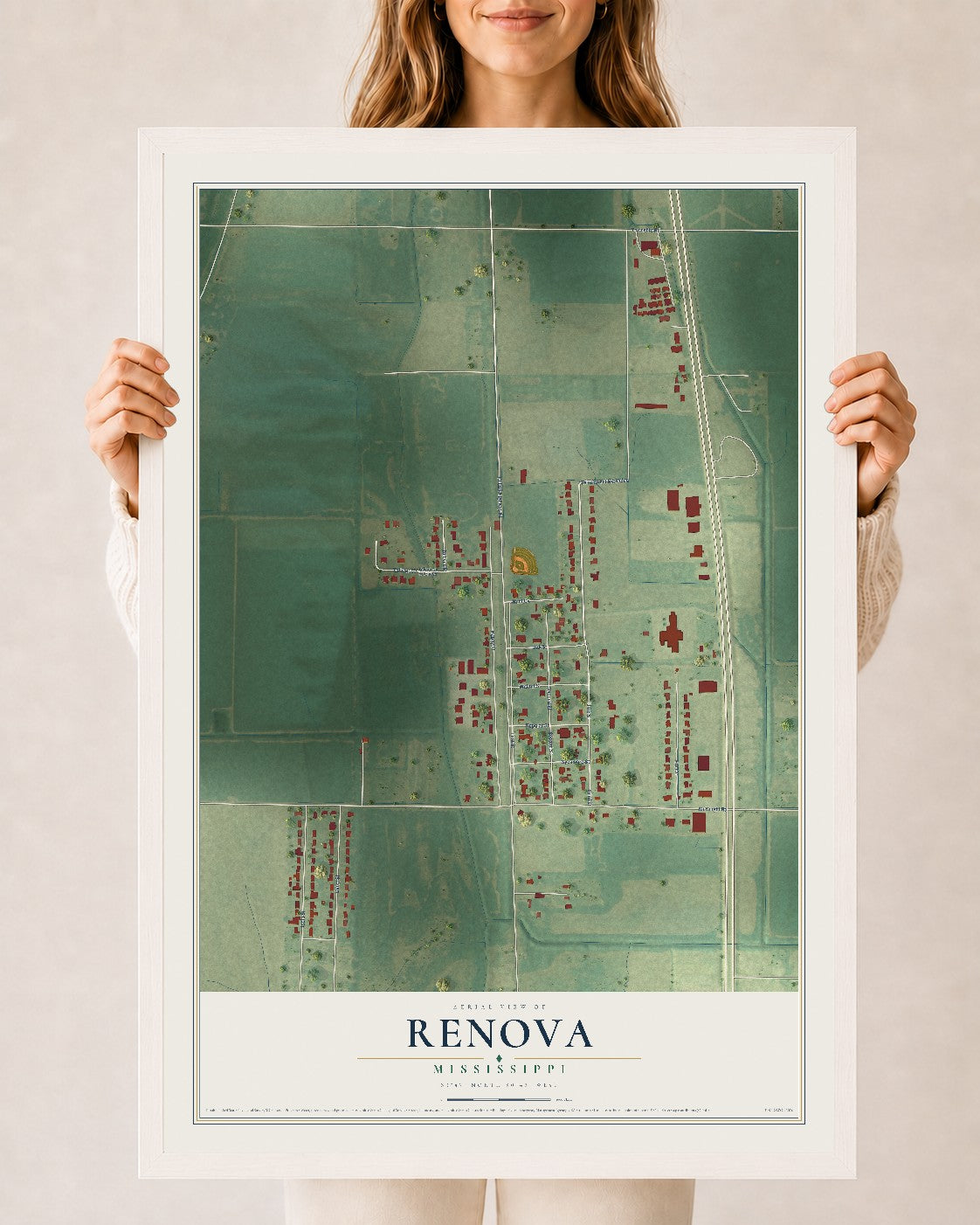 Map of Renova, Mississippi, 24 x 36 inch print in a white wood frame