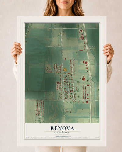 Map of Renova, Mississippi, 24 x 36 inch print in a white wood frame