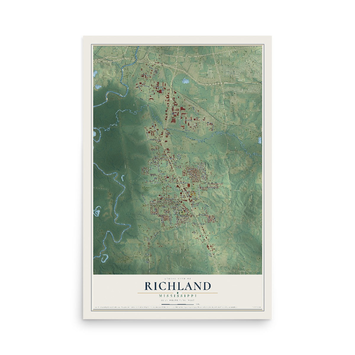 Map of Richland, Mississippi, 12 x 18 inch unframed archival matte print