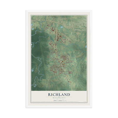 Map of Richland, Mississippi, 12 x 18 inch print in a white wood frame