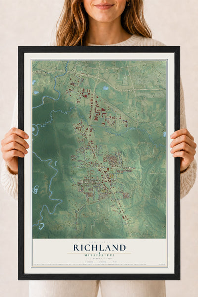 Map of Richland, Mississippi, 18 x 24 inch print in a black wood frame