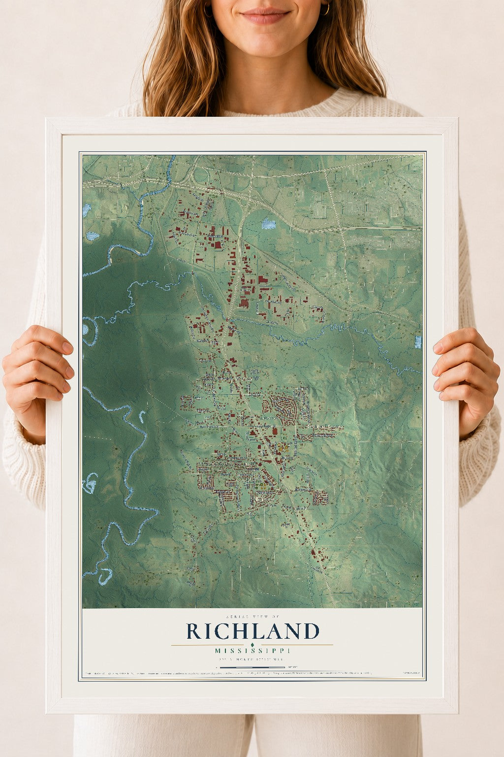 Map of Richland, Mississippi, 18 x 24 inch print in a white wood frame