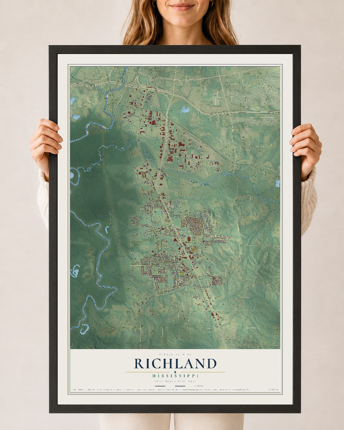 Map of Richland, Mississippi, 24 x 36 inch print in a black wood frame