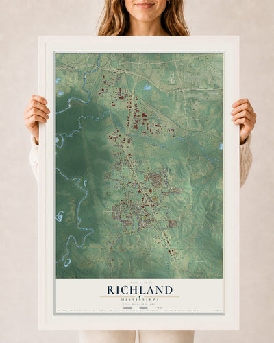 Map of Richland, Mississippi, 24 x 36 inch print in a white wood frame