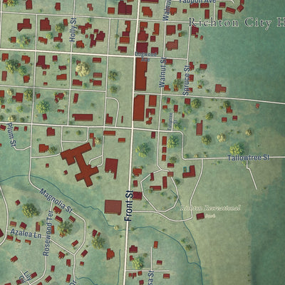 Close-up of the map of Richton, Mississippi print showing street and building detail