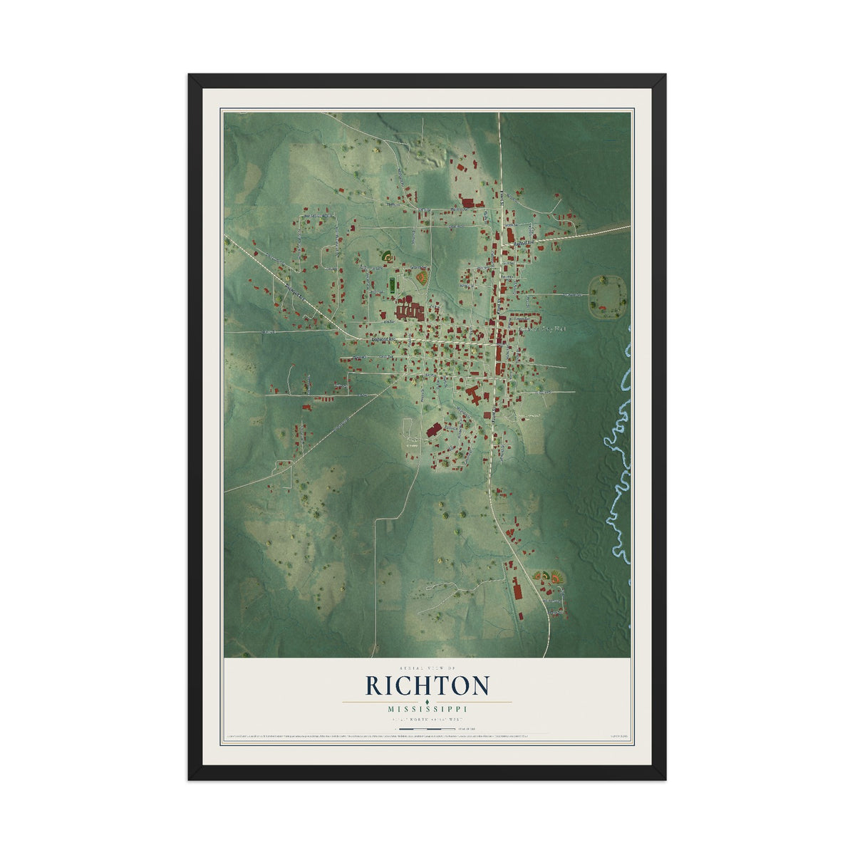 Map of Richton, Mississippi, 12 x 18 inch print in a black wood frame