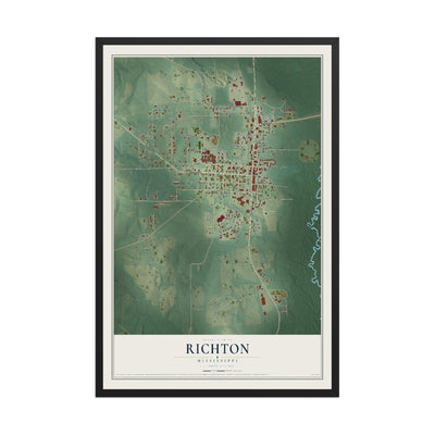 Map of Richton, Mississippi, 12 x 18 inch print in a black wood frame