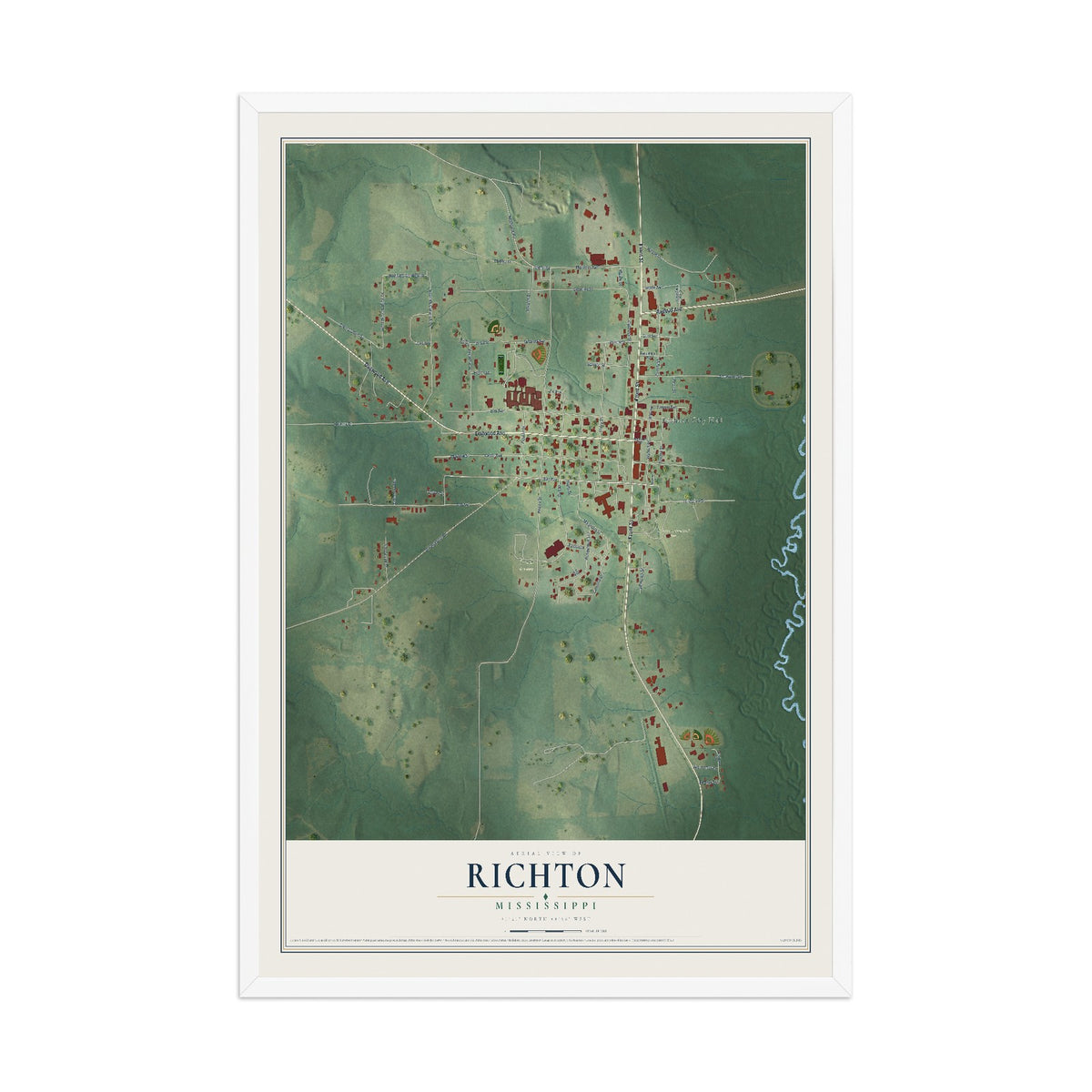 Map of Richton, Mississippi, 12 x 18 inch print in a white wood frame