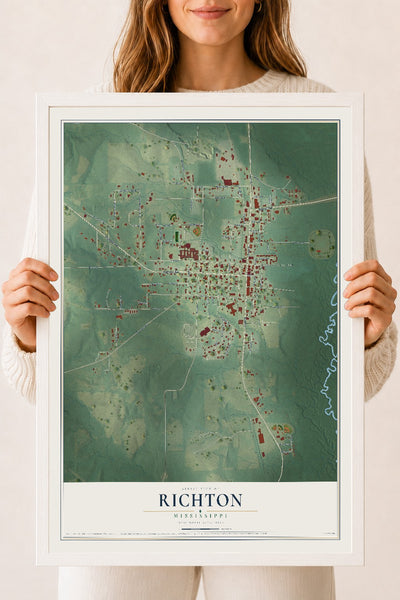 Map of Richton, Mississippi, 18 x 24 inch print in a white wood frame