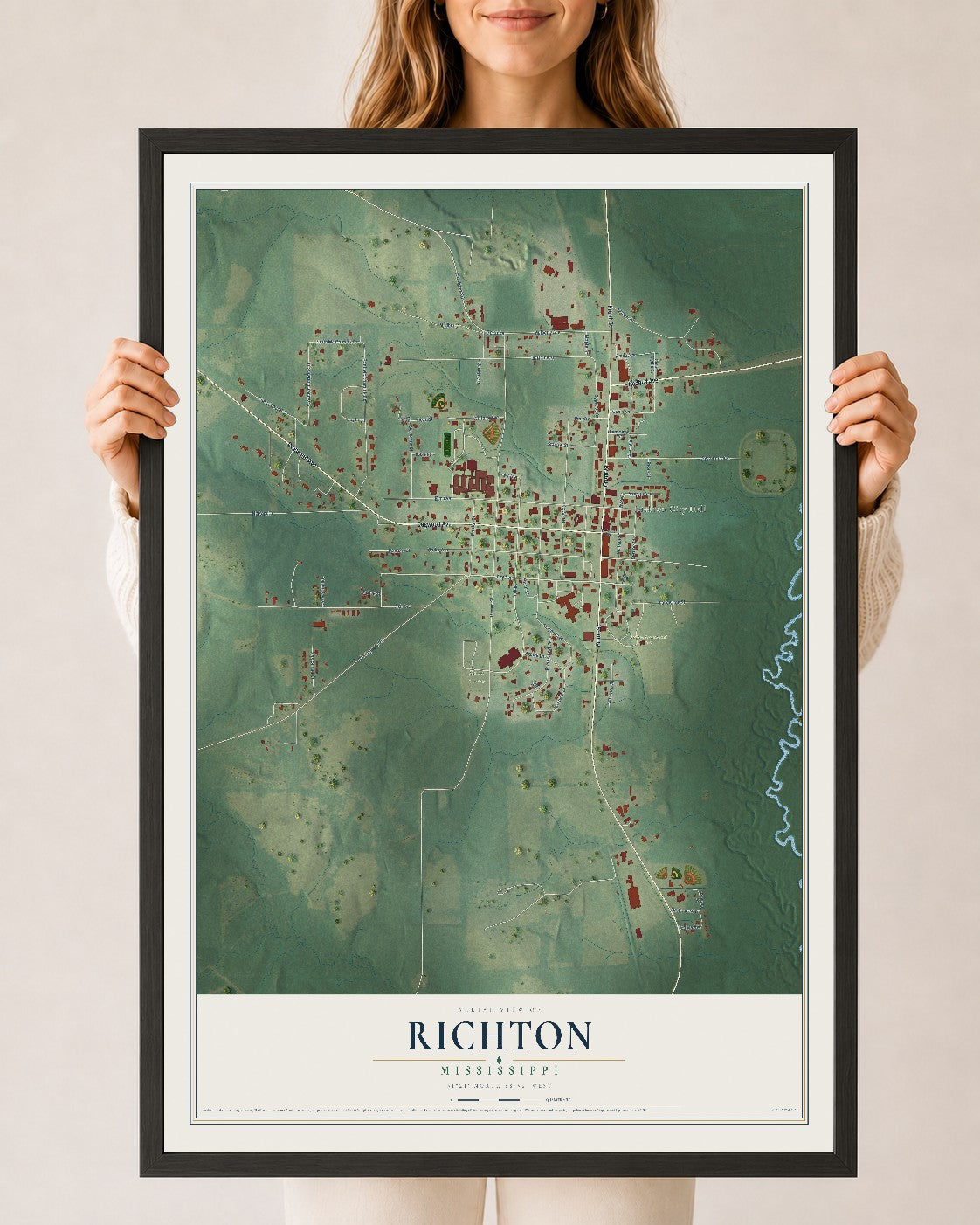 Map of Richton, Mississippi, 24 x 36 inch print in a black wood frame