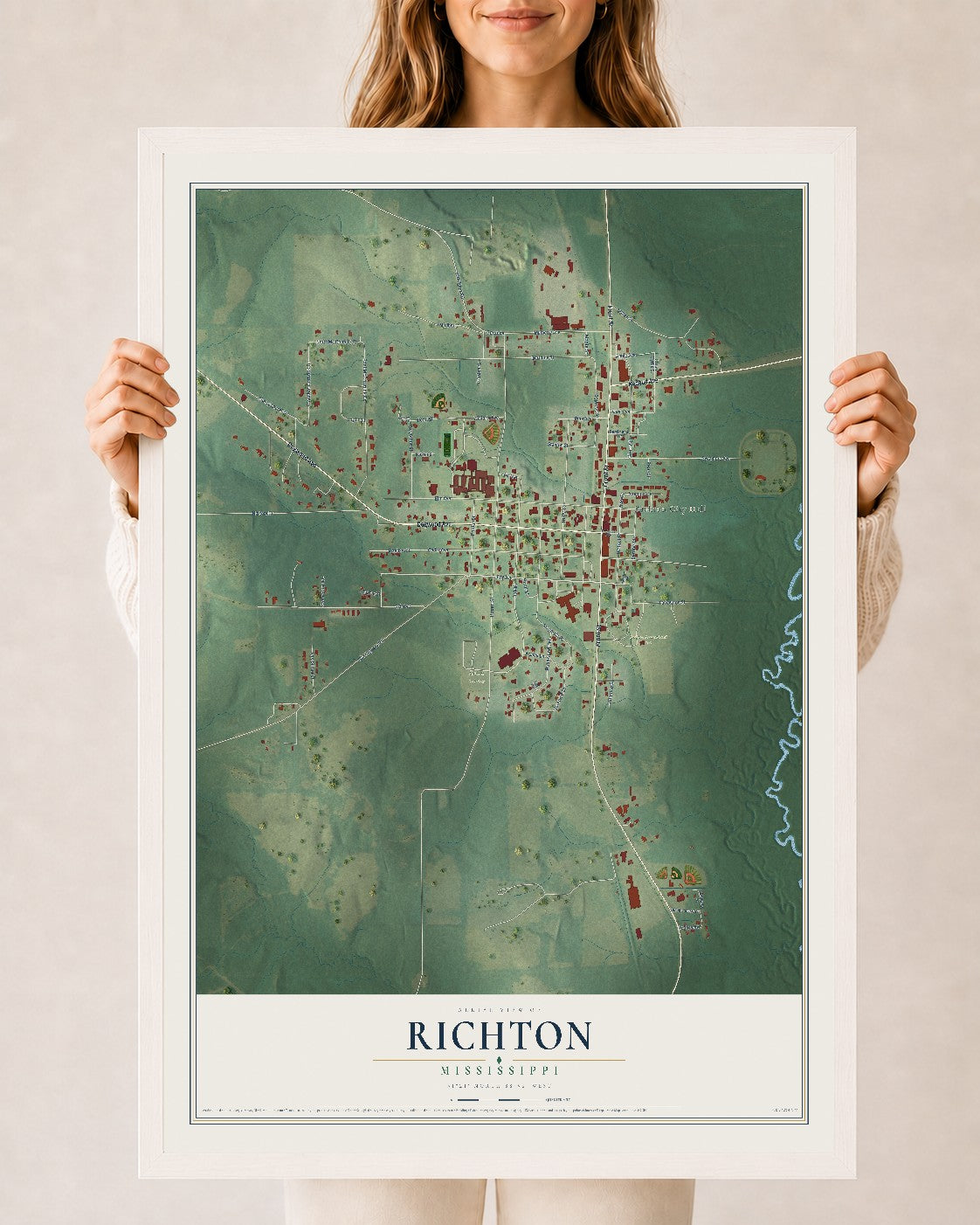 Map of Richton, Mississippi, 24 x 36 inch print in a white wood frame